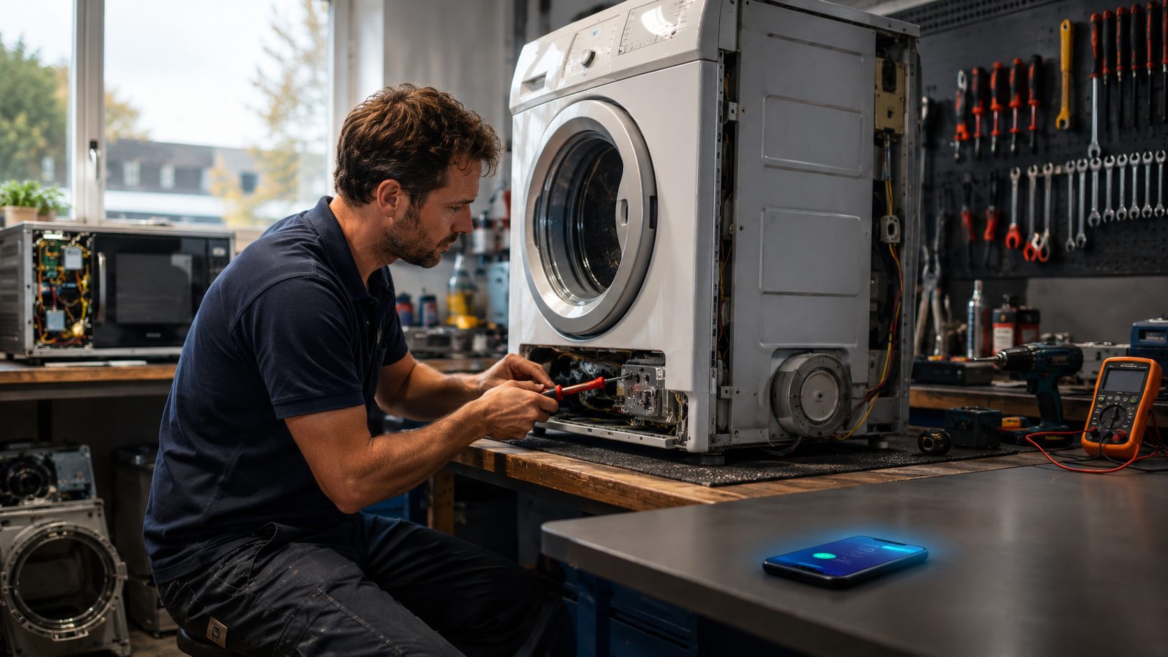 Reparateur werkt terwijl Voice AI binnenkomende oproep beantwoordt